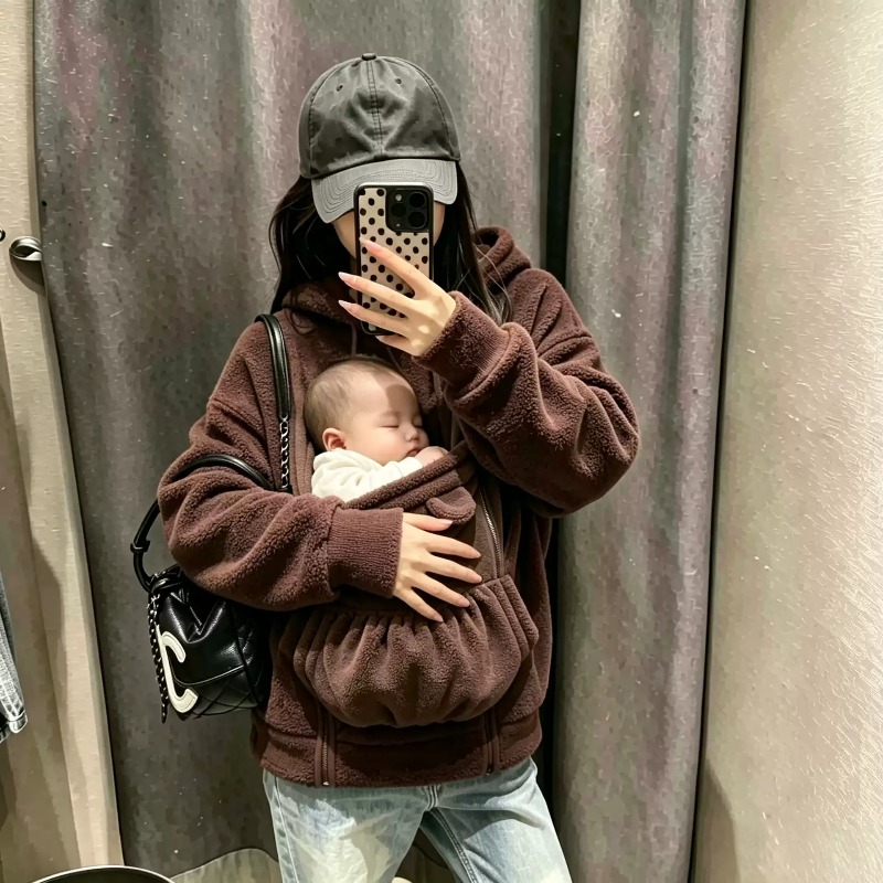 Maternity Wear - معطف بغطاء رأس من الصوف الدافئ