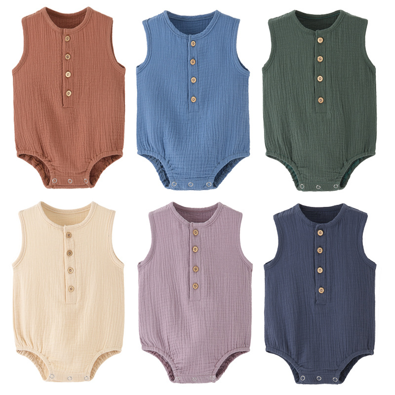 Baby Summer Linen Sleeveless Jumpsuit - بدلة صيفية للأطفال حديثي الولادة، مصنوعة